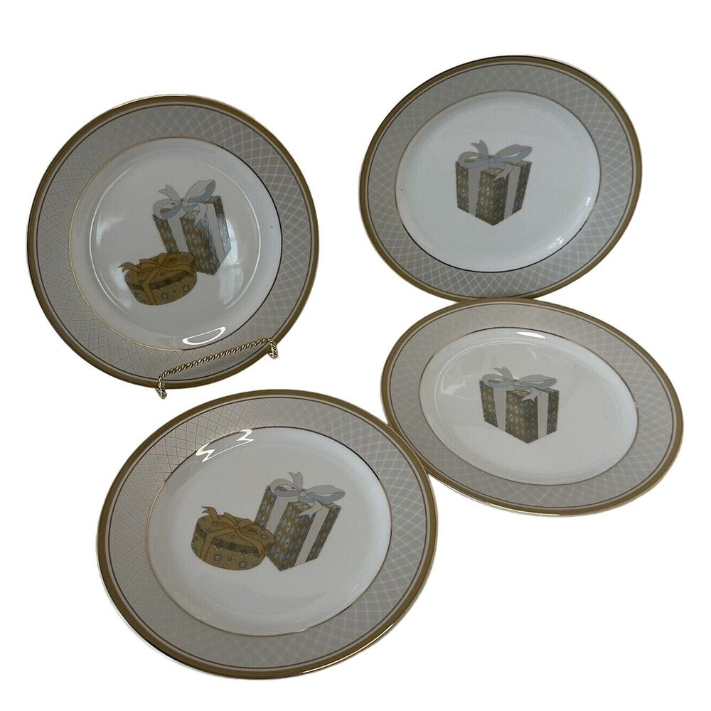 Vintage Lillian Vernon Christmas/Birthday Platinum Gold Rim 8” Plates Set of 4
